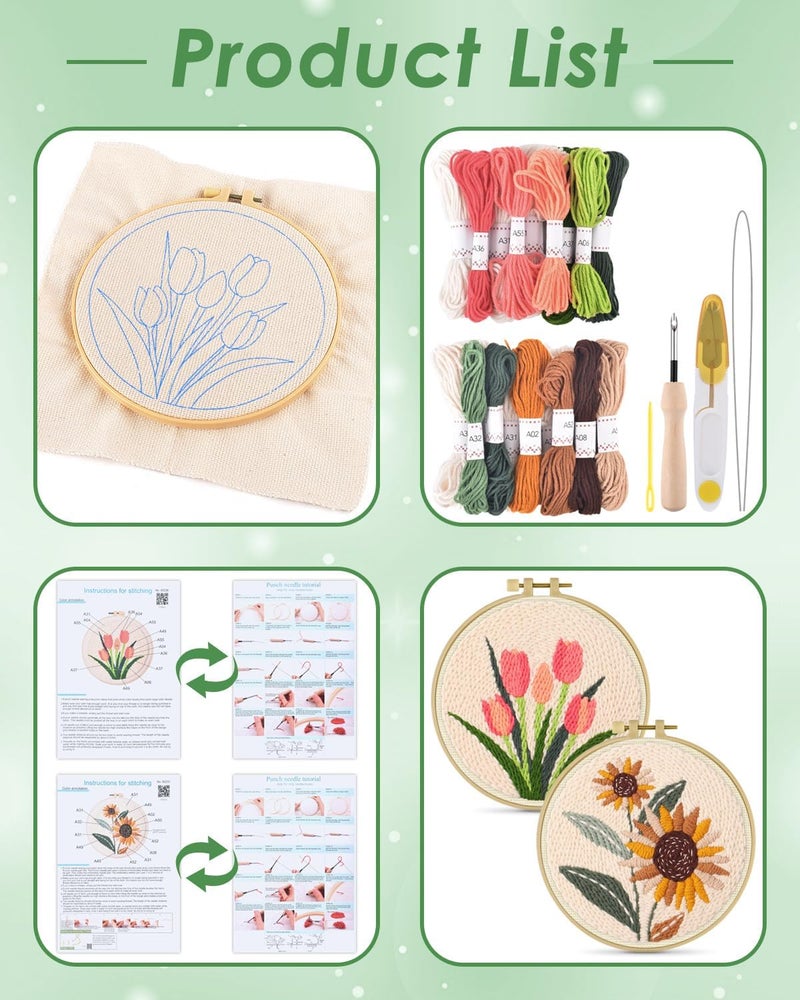ERKOON Punch Needle Kit Adults Beginners, 2 Pcs DIY Easy Flower Embroidery Set for Starter Art Craft, Needling Punching Project with Patterns, Tools, Yarns, Hoop, Instruction (Sunflowers & Tulips) - Image 2